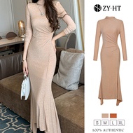 ZY.HT EraVogue เดรสผู้หญิง เดรสสีกากี สีน้ำตาล เดรสแขนยาว เดรสหางปลา เดรสคอสูง เดรสไฮโซ เดรสออกงาน เ