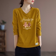 Pure ผ้าฝ้าย แขนยาว คอวี ผู้หญิง เสื้อยืดพิมพ์ลาย ทันสมัย หลากหลาย Anti-aging Brand Outlet คุณภาพการ