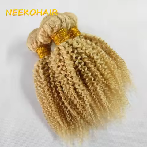4*4 13*4 Kinky Curly Blonde #613 Hair Bundles 3pc Brazilian Virgin Human Hair 4B 4C Blonde Bundle Ha