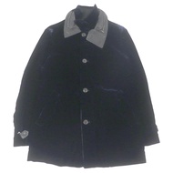 เสื้อโค้ทกำมะหยี่มีฮู้ดซิปคู่ สีน้ำเงินเข้ม ดีไซน์โดย Giorgio Armani สภาพเยี่ยม ตกแต่งด้วยหนังอย่างด