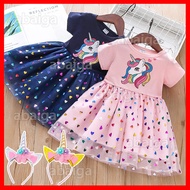 Mesh Princess Kids Dress 1-7 Year Old Korean Style Unicorn Pattern Gown 1st Birthday Dress for Baby 