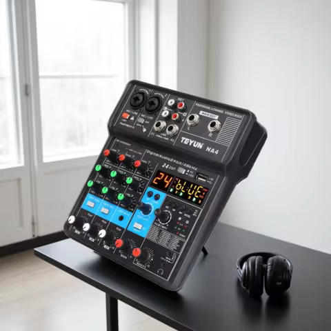 TEYUN 4-Channel Professional Sound Mixer Console Mini Audio Mixer Sound Card Computer Input 48v Powe