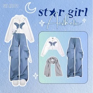 One Set for Women, Korean Style Outfit, Fashionable Outfit, Healing Outfit, Butterfly Top, Cargo Pan