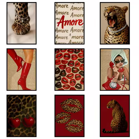 Red Lips Luxury Fashion Woman Pop Wall Art Poster Leopard Fashion Canvas Art Prints Jewelry Luxury F