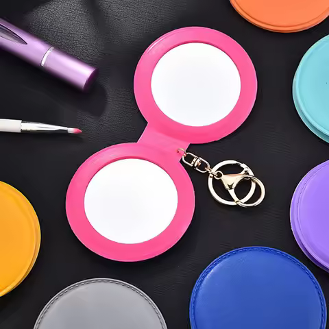 2-Face Keychain Candy Color Cosmetic Mirror Leather Small Round Mirror Portable Folding Makeup Mirro