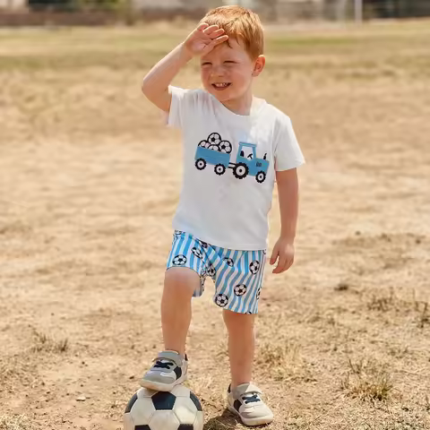 FOCUSNORM 0-4Y Toddler Kids Boys Summer Ckitges Sets Short Sleeve O Neck Tractor Embroidery Tops and
