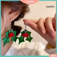 [PTM] 1 Pair Christmas Tree Green Leaves Red Berry Dangle Earrings Exquisite Lightweight Drop Earrings Jewelry Accessories Gift