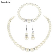 TREA White Faux Pearl Necklace Bracelet Drop Earrings Jewelry Set for Sisters Friends