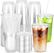 50PCS Clear Cups with Lids and Straws, Plastic Disposable Coffee Smoothie Milkshake Juice Cups To Go