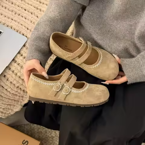 High Quality Suede Brand Ballet Flats Women Cozy Round Toe Shallow Mary Jane Shoe Elegant Double Nar