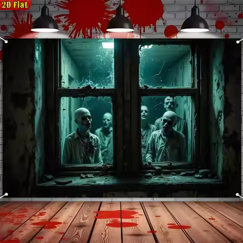 2D plane, 1pc Halloween Zombie group gazes at the old window banner - ghost polyester wall decoratio