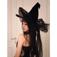 Halloween Cosplay Black Mesh Bow Witch Hat Magic Dark Wizard Hat Kendall Jenner-Style Lace Headpiece