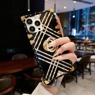 1pc Rhinestone Ring Holder, Black & Gold Rhombus Pattern, Bar Striped Rectangular Phone Case. Compat
