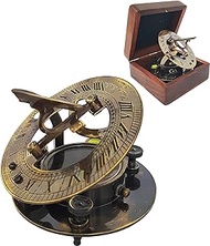 Brass Compass - Antique Brass Sundial Compass Marine Boat Gift Pocket Sun Dial in Box Nautical Marine Gift Sun Clock Pirate Ship Replica Watch