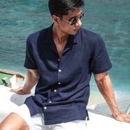 KEMEJA REMEDY Men's Short Sleeve Linen Shirt in Navy Navybiru - Durban Linen Shirt