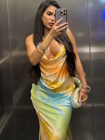 Nibber Swing Collar Colorful Fashion Maxi Dress Women Metal Chain Backless Vacation Trend Beach Part