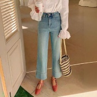 闊腳牛仔褲女裝 淺藍色高腰顯瘦 百搭直筒九分褲 歐美風- 淺藍色【八分】 XS