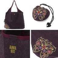 日本 ANNA SUI 深紫色 便攜 可摺疊 蝴蝶 刺繡 手提袋 單肩袋 收納袋 購物袋 環保袋 **現貨**