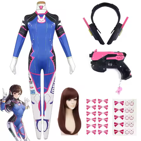 Game Overwatch Dva Cosplay Costumes Tights Jumpsuit Wig Headphone Gun Cosplay Props Tattoo Stickers