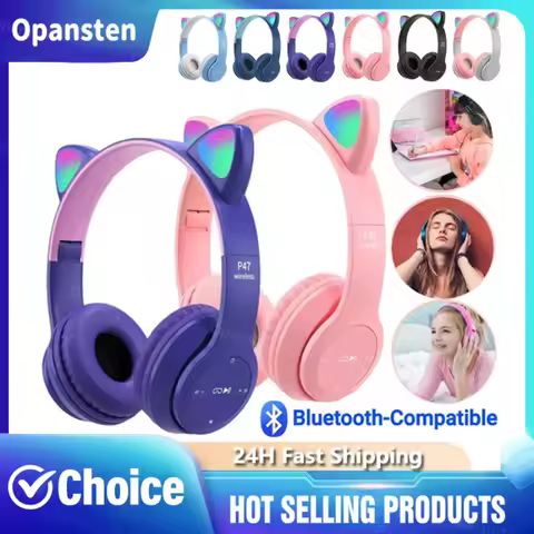 2025 P47M Wireless Bluetooth Headset Gamer Cat LED Light Noise Cancelling Earbuds Wireless Headphone