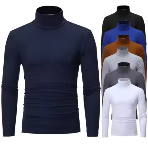 Fashion Men's Casual Slim Fit Basic Turtleneck High Collar Pullover Male Autumn Spring Thin Tops Bas