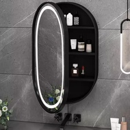 Nordic wood Art Oval Bathroom Mirror Cabinet Wall-Mounted Smart with Light Strip Integrated Toilet Dressing Mirror with Storage