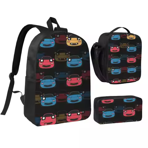 Cute Miata Face Backpack Boys Girls BookBag School Bag Shoulder Bags 3ps Insulated Lunch Bag Pencil 