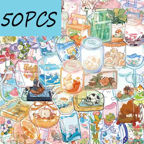 50PCS transparent object cute cartoon stickers, suitable for decorating laptops, guitars, water bott