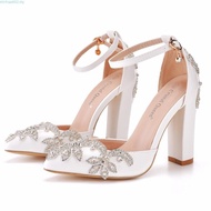 XSHXY · 7cm Thick Heel Pointed Shoes Hollow Square Root Sandals Rhinestone Wedding Women White Brida