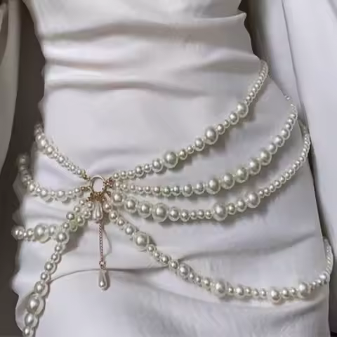 Multilayer Pearl Waist Chains for Women Imitation Pearl Metal Ring Tassel Belt Fashion Elegant Body 