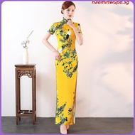 Vietnam Traditional Aodai Cheongsam Flower Print Women Performance Evening Party Dress