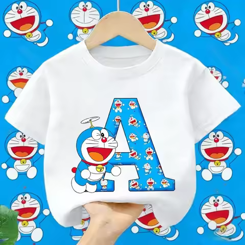 Doraemon T-shirt for Children Blue Letter A-Z Tee Top Cute Cartoon Cotton Collar Clothes Fashion Kid