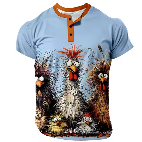 Funny Chicken 3D Print Henley Shirts Men's Fashion Streetwear Button-Down Oversized Short Sleeve T S
