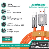 FELESS สายชาร์จเร็ว Type C/Lightning/Micro USB 120W 6A Super Fast Charge LED สายข้อมูล OD6.0หนา สายซิลิโคน Quick Charge