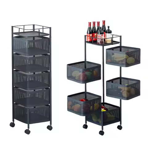 Five Layers 360 Degree Rotatable Trolley Storage Rack, Carbon Steel Storage Rack, Kitchen Vegetable 
