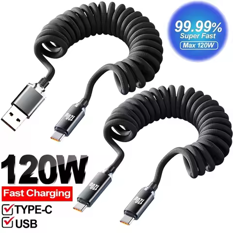 120W Spring Retractable USB A/C Type C To Type C Fast Charging Cable 1M/2M Type-C DATA Cord Wire for