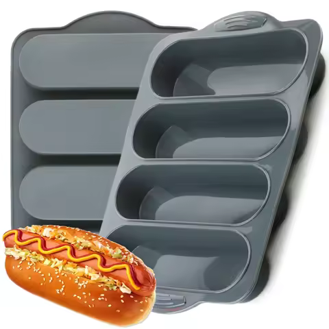 Silicone Long Strip Hot Dog French Baguette Baking Tray, 4-Hole Rectangular Silicone Mold for Making