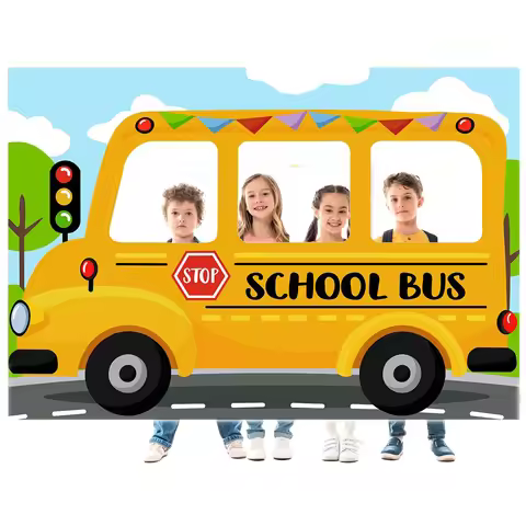 1.5 * 1M school bus showing face, welcome back to school background fabric, back to school season, s