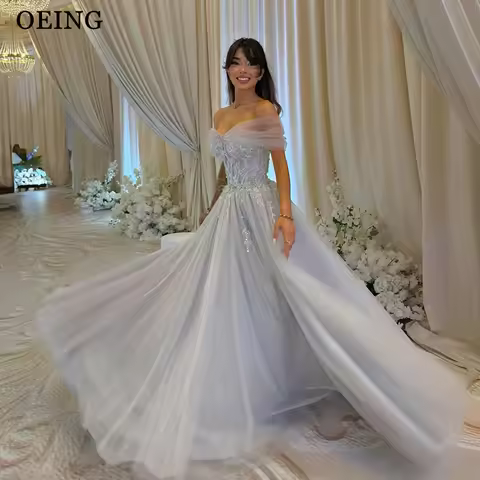 OEING Elegant A-Line Prom Dress Princess Tulle Off Shoulder Appliques Draped Floor Length Gala Party