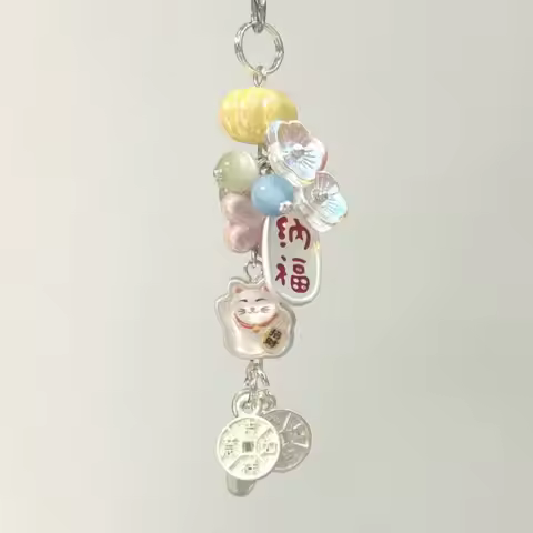 Lucky Cat Phone Charms Pendant Cute Kawaii Colorful Bead Handmade DIY Key Chain Strap Lanyard For iP