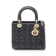 [二手] Dior Lady Dior 手提包，中號，兩用，黑色皮革，Lady Dior Cannage 兩用托特包，中號，女士。