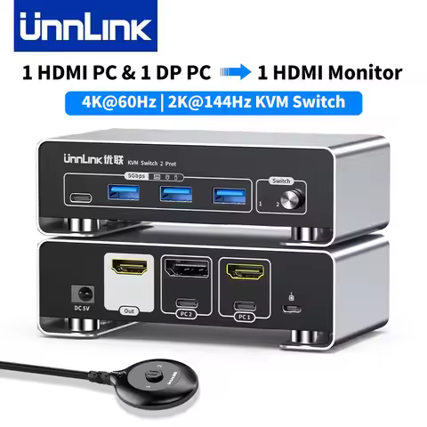 Unnlink HDMI DP to HDMI KVM Switch 4K60Hz, 2K144Hz, HDMI & DisplayPort PC Share Monitor/Mouse/Keyboa