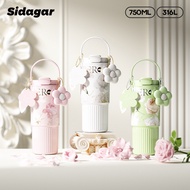 Sidagar Floral Stainless Steel Thermos Bottle With Handle & Straw (316L/750ml)-Premium 3D Embossed &