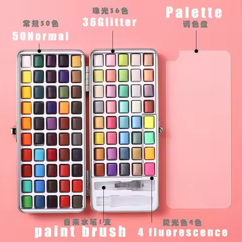 50/90 Color Solid Watercolor Paint Set Glitter Portable Metal Box Watercolor Pigment squirrel hair b