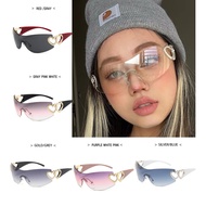 Y2K Rimless Visor Sunglasses, Heart Rhinestone Decor Wrap Around Sun Glasses for Women, Fashion Cybe