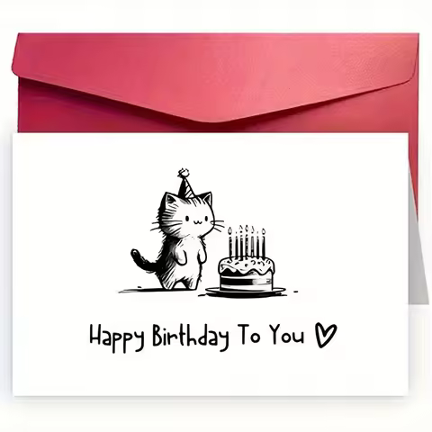 1 Charming Kitten Birthday Card with Envelope - Cute cat wearing a hat and sincere "Happy Birthday" 