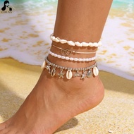 4 Pcs/Set Mermaidcore Boho Shell Pearl Anklet Set Silver Ocean Animal Charm Layered Foot Bracelet