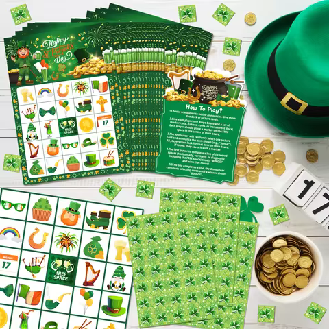 38 Pcs St. Patrick's Party Bingo Games Set-St. Patrick's Bingo Cards Marking Ships Calling Card etc 