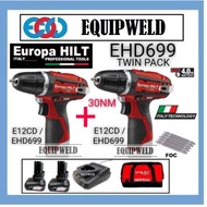 EUROPA HILT 12V COMBO E12CD + E12CD CORDLESS COMPACT DRILL DRIVER TWIN PACK 30NM 4.0AH EHD699 SET BOSCH MAKITA MILWAUKEE