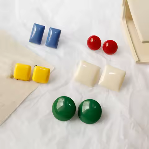 Korean Candy Color Big Round Square Stud Earrings For Women New Simple Geometric Resin Jewellery Red